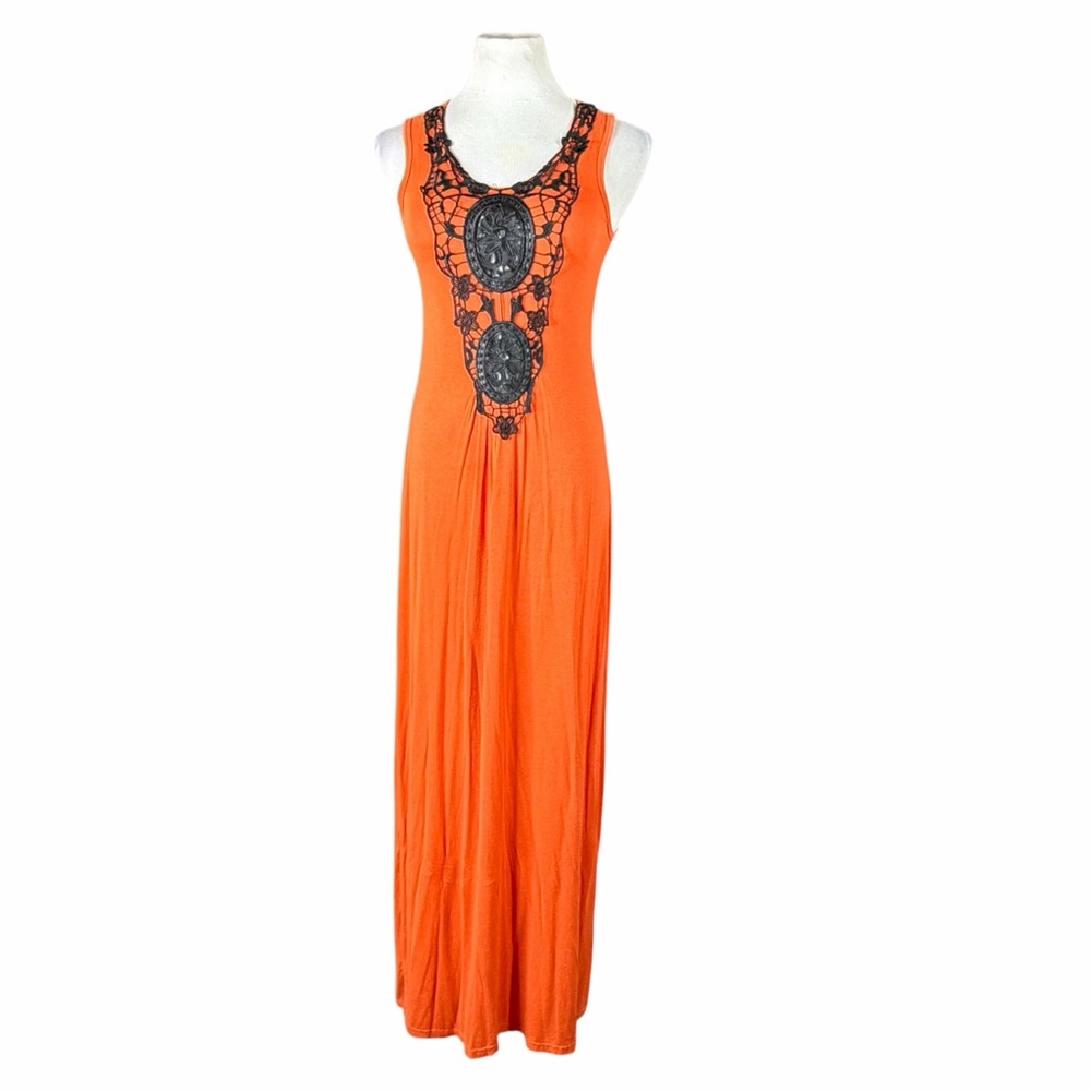 Velzera Orange & Black Lace Crochet V-Neck Sleeveless Maxi Dress - Size Small